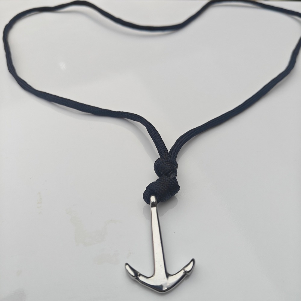 Silver Tone Anchor Pendant Necklace Black Paracord Cord Nautical Rugged Jewelry